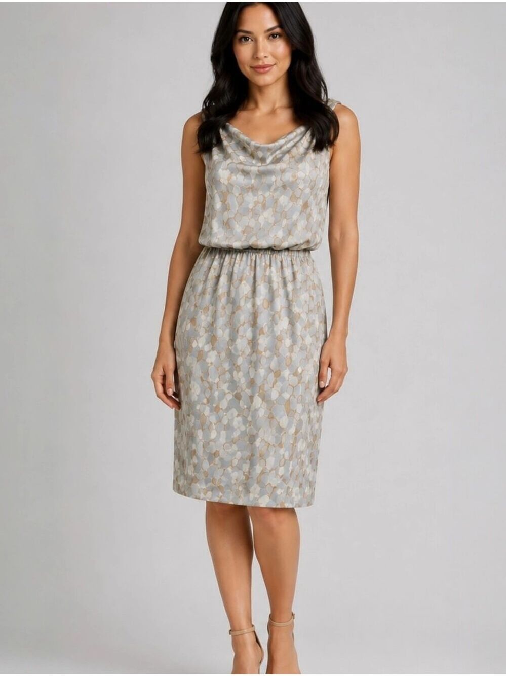 Poleci White Gray & Gold Abstract Print Dress Medium